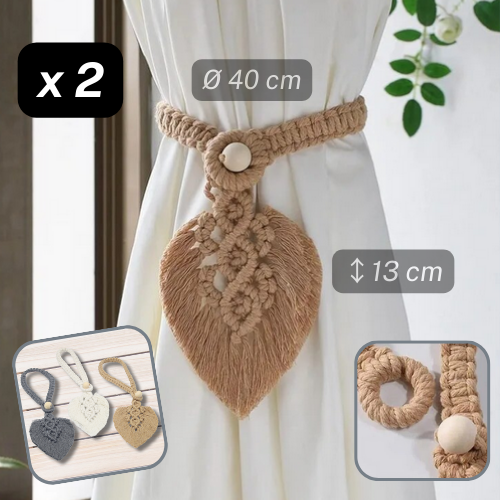 1 pair (2 pieces - suitable for 1 or 2 window(s)) Natural Looking Cotton Feather Tie Back (with a Wooden Ball Closure system) - ACCESSOIRES LEDUC BV