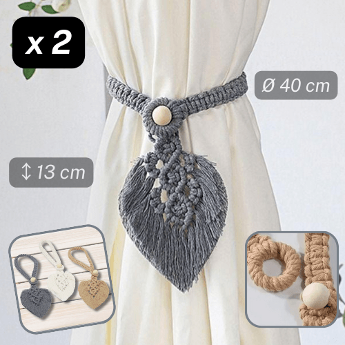 1 pair (2 pieces - suitable for 1 or 2 window(s)) Natural Looking Cotton Feather Tie Back (with a Wooden Ball Closure system) - ACCESSOIRES LEDUC BV