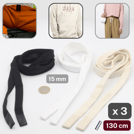 130cm long 15mm Flat Sweaters / Hoodies / Trousers Cord with Gummy Cord Ends #HAB1x031 - ACCESSOIRES LEDUC BV