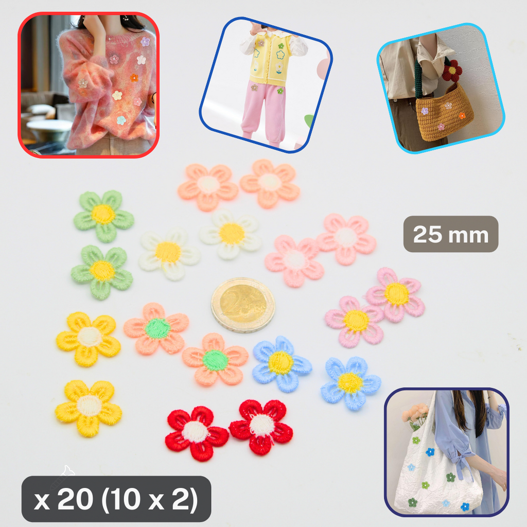 20 applicazioni floreali ricamate colorate (da cucire) 25 mm