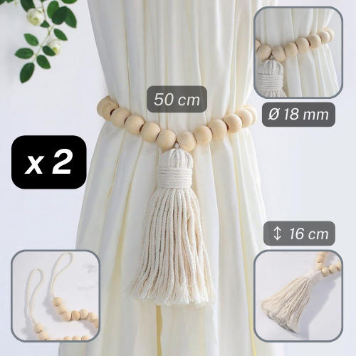 1 pair (2 pieces - suitable for 1 or 2 window(s)) Elegant Wood & Cotton Tassel Tie-Back, Natural Colours