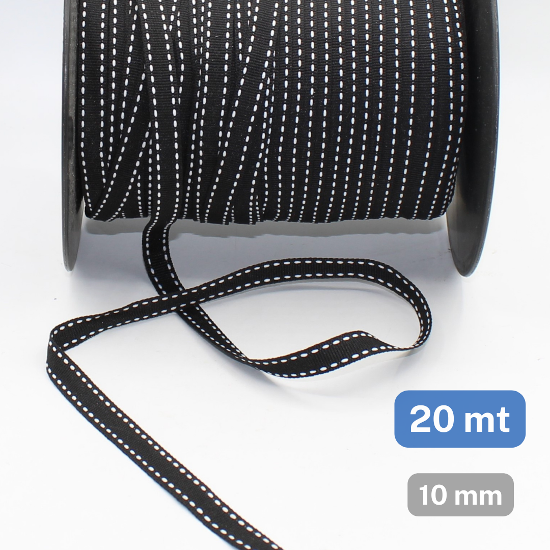 20 meters Black 10mm Tape with White Saddle Stitch