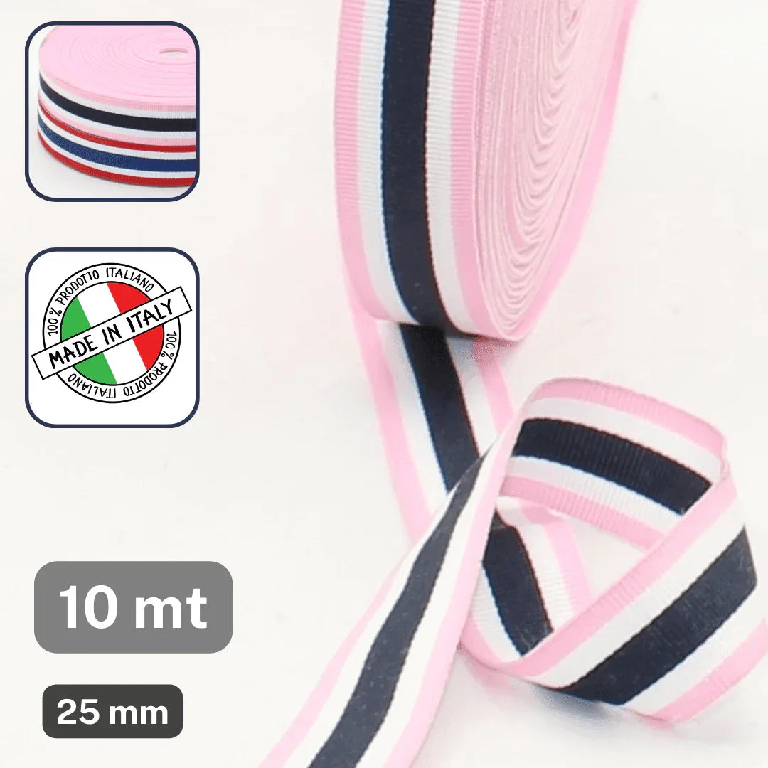10 Meters of Striped Gros Grain Ribbon 25mm - ACCESSOIRES LEDUC BV