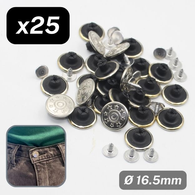 Set of 25 Jeans Buttons, High Quality, Silver with Stars Design (16.5mm Diameter)