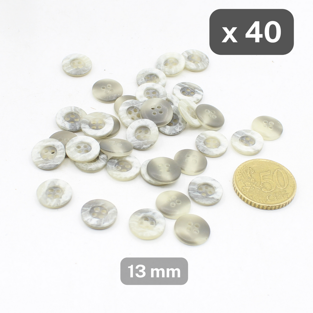 40 boutons en polyester gris, 4 trous, taille 13 mm, #KP4500320
