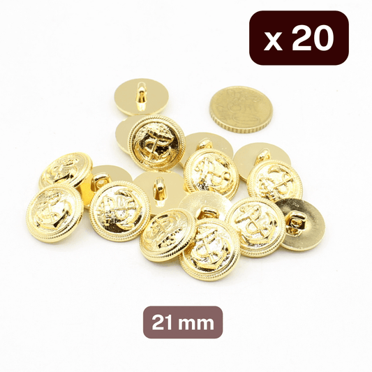 20 Pieces Gold Nylon Metallized Ancher Buttons Size 21MM #KMQ500132 - ACCESSOIRES LEDUC BV
