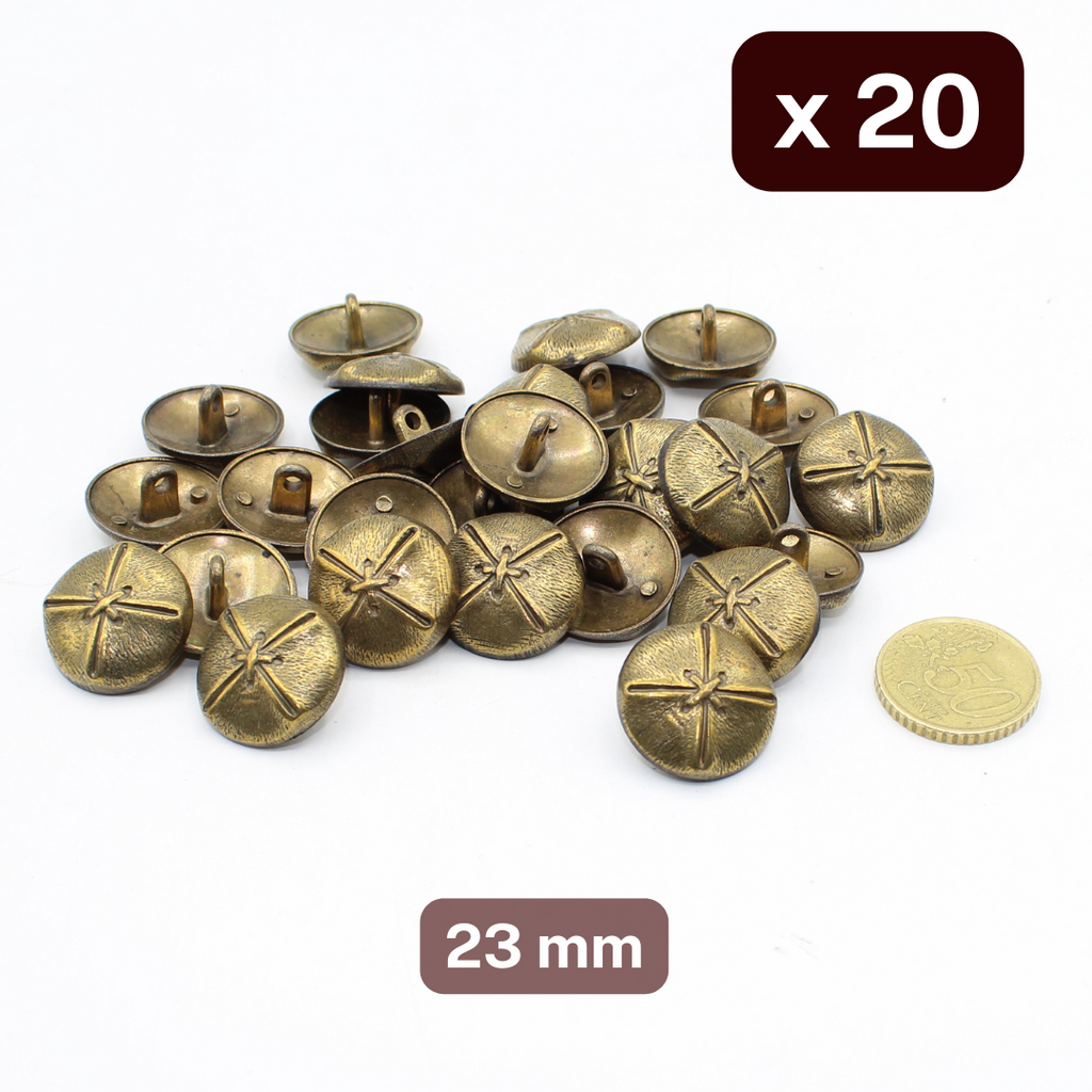20 Stück Altmessing-Kreuz-Zamak-Metallschaftknöpfe, Größe 23 mm #KZQ500336
