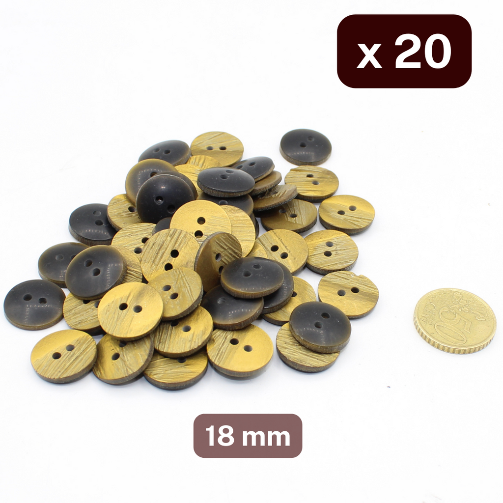 20 boutons en polyester vieux laiton, 2 trous, taille 18MM, #KP2500328
