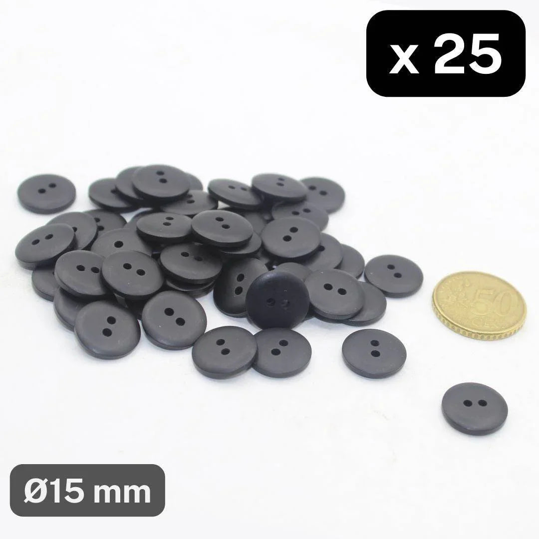 25 Pieces Matt Black Polyester Buttons 2 Holes Size 15mm #KP2501424 - ACCESSOIRES LEDUC BV