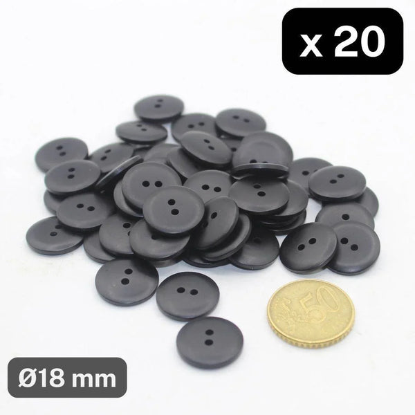 20 Pieces Matt Black Polyester Buttons 2 Holes Size 18mm #KP2501428 - ACCESSOIRES LEDUC BV