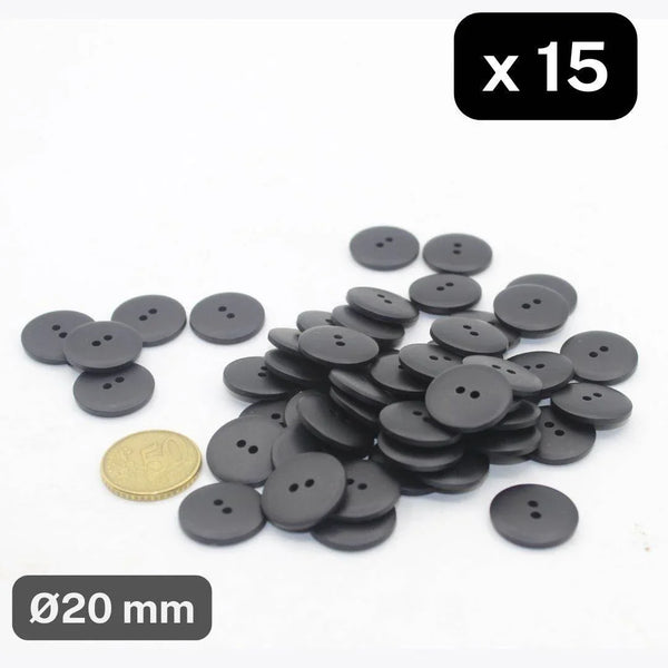 15 Pieces Matt Black Polyester Buttons 2 Holes Size 20mm #KP2501432 - ACCESSOIRES LEDUC BV