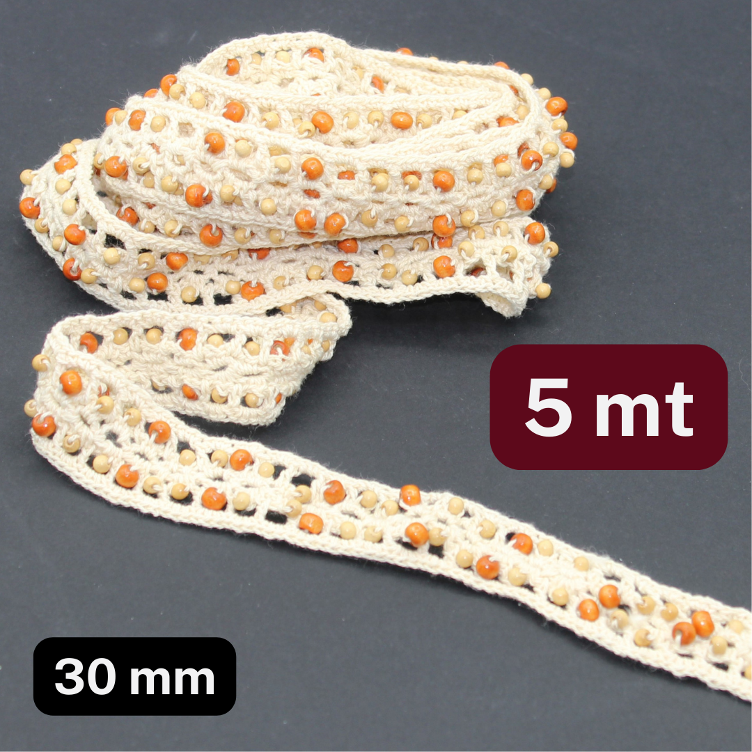 5 meters Ecru Lace (30mm) with Wooden Beads