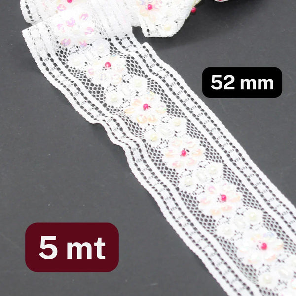5 meters Floral Lace OffWhite 52mm , with Small Translucid Sequins and Coral colour Beads - ACCESSOIRES LEDUC BV