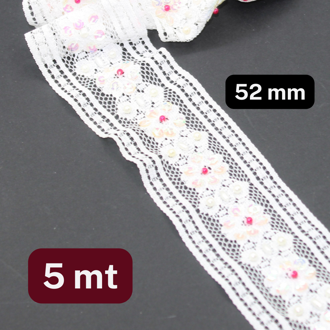 5 meters  Floral Lace OffWhite 52mm , with Small Translucid Sequins and Coral colour Beads