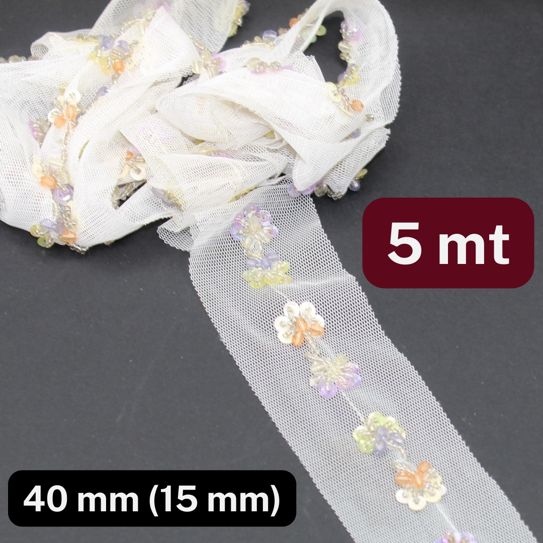 5 meters  Floral Lace OffWhite 40mm (Design is 15mm) , with Small Translucid Sequins