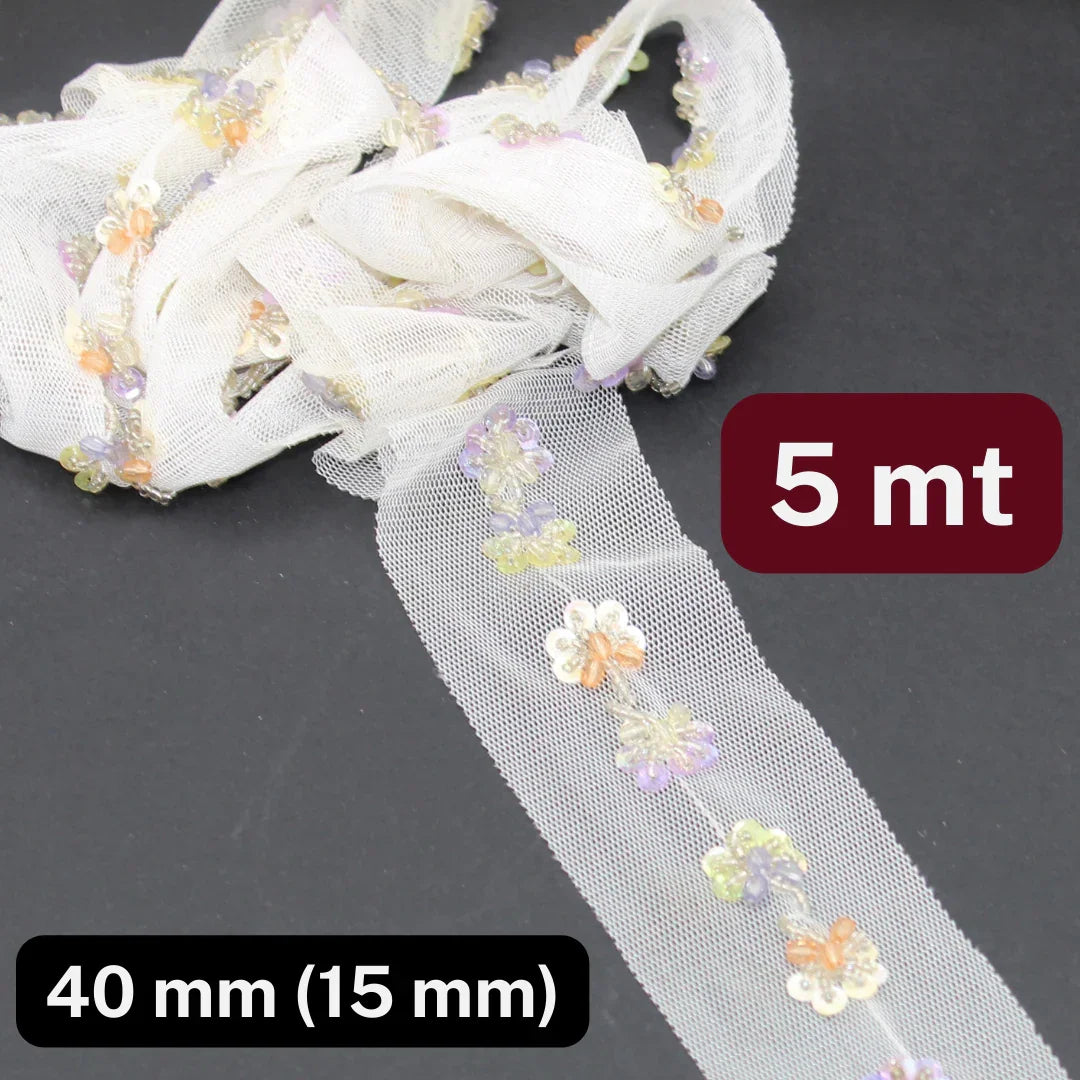 5 meters Floral Lace OffWhite 40mm (Design is 15mm) , with Small Translucid Sequins - ACCESSOIRES LEDUC BV