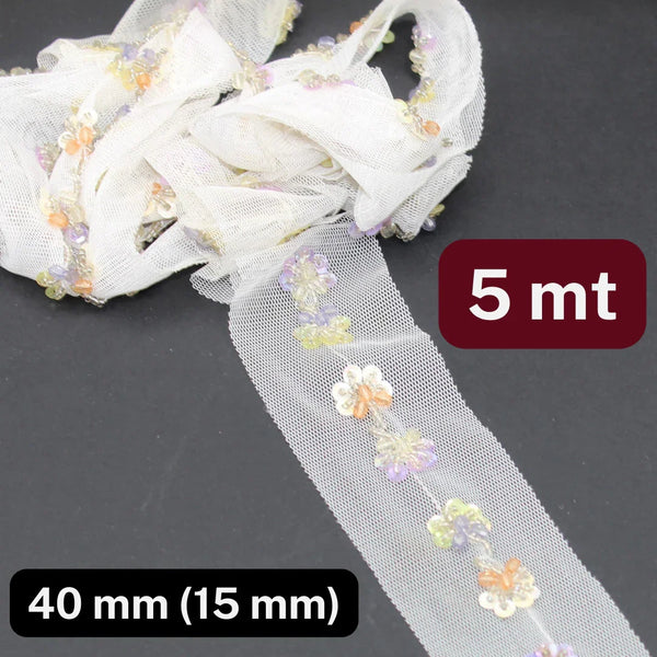 5 meters Floral Lace OffWhite 40mm (Design is 15mm) , with Small Translucid Sequins - ACCESSOIRES LEDUC BV