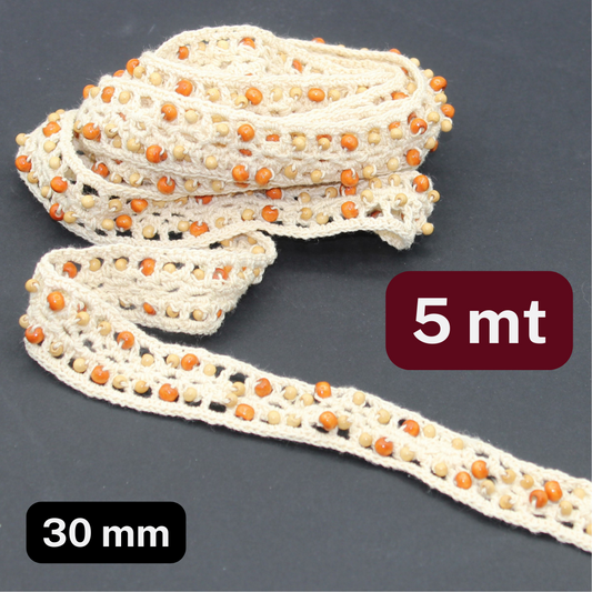 5 meters Ecru Lace (30mm) with Wooden Beads