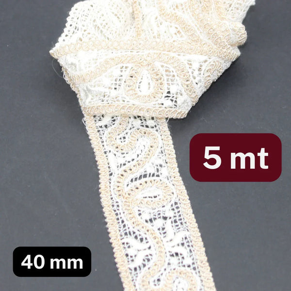 5 meters Ecru and Beige Bicolor Lace in Cotton 40mm - ACCESSOIRES LEDUC BV