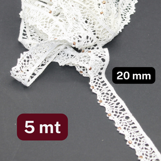 5 meters Cotton Lace White 20mm , with Small Brown Strasses