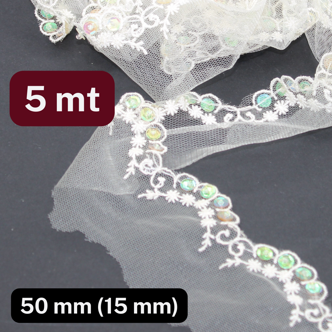 5 meters  Lace White 50mm (Design part is 15mm) , with Small Translucid Sequins