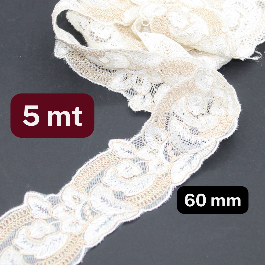 5 meters Ecru and Beige Bicolor Lace in Cotton 60mm