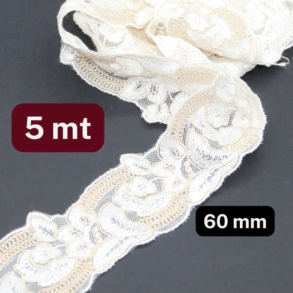 5 meters Ecru and Beige Bicolor Lace in Cotton 60mm - ACCESSOIRES LEDUC BV