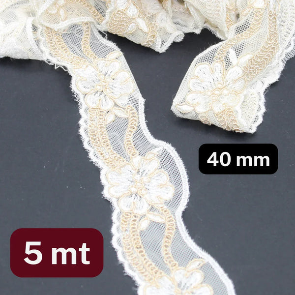 5 meters Ecru and Beige Bicolor Lace in Cotton 40mm - ACCESSOIRES LEDUC BV