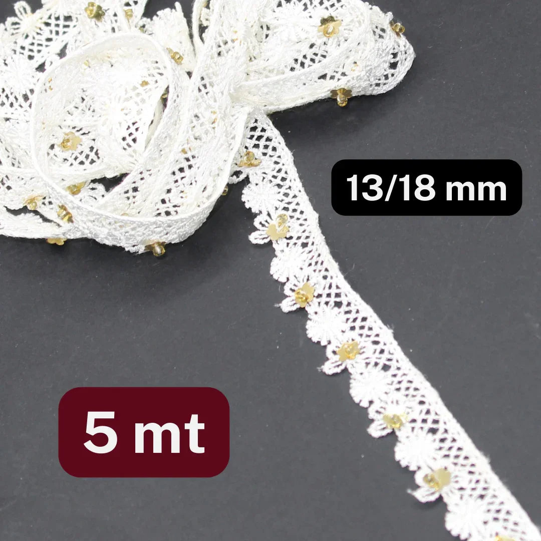 5 meters Cotton Lace White 18mm (Design is 15/18mm) , with Small Sequin Golden Flowers - ACCESSOIRES LEDUC BV