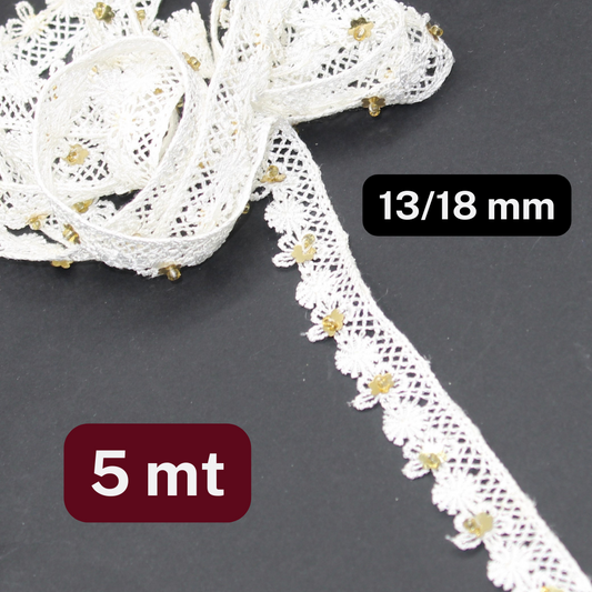 5 meters  Cotton Lace White 18mm (Design is 15/18mm) , with Small Sequin Golden Flowers