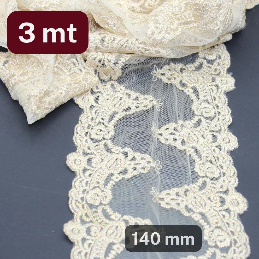 3 meters Golden Beige Deluxe Lace, 140mm wide - ACCESSOIRES LEDUC BV