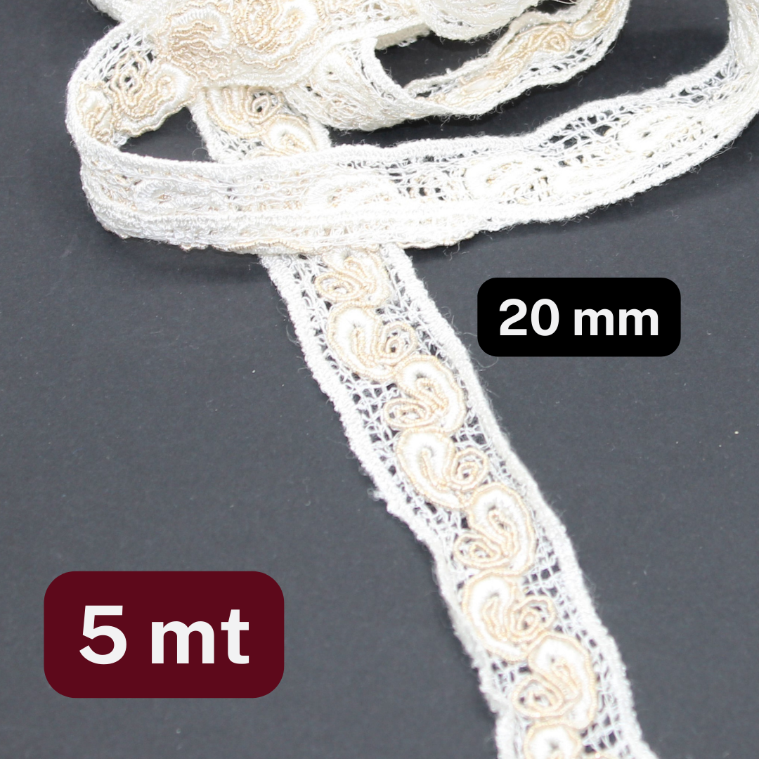 5 meters Offwhite and Beige Bicolor Lace in Cotton 20mm