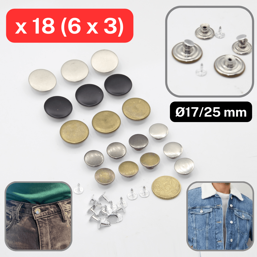 18 Pieces Mixed Colours Jeans Buttons No Design Size 17MM and 25MM + nail #KJE - ACCESSOIRES LEDUC BV