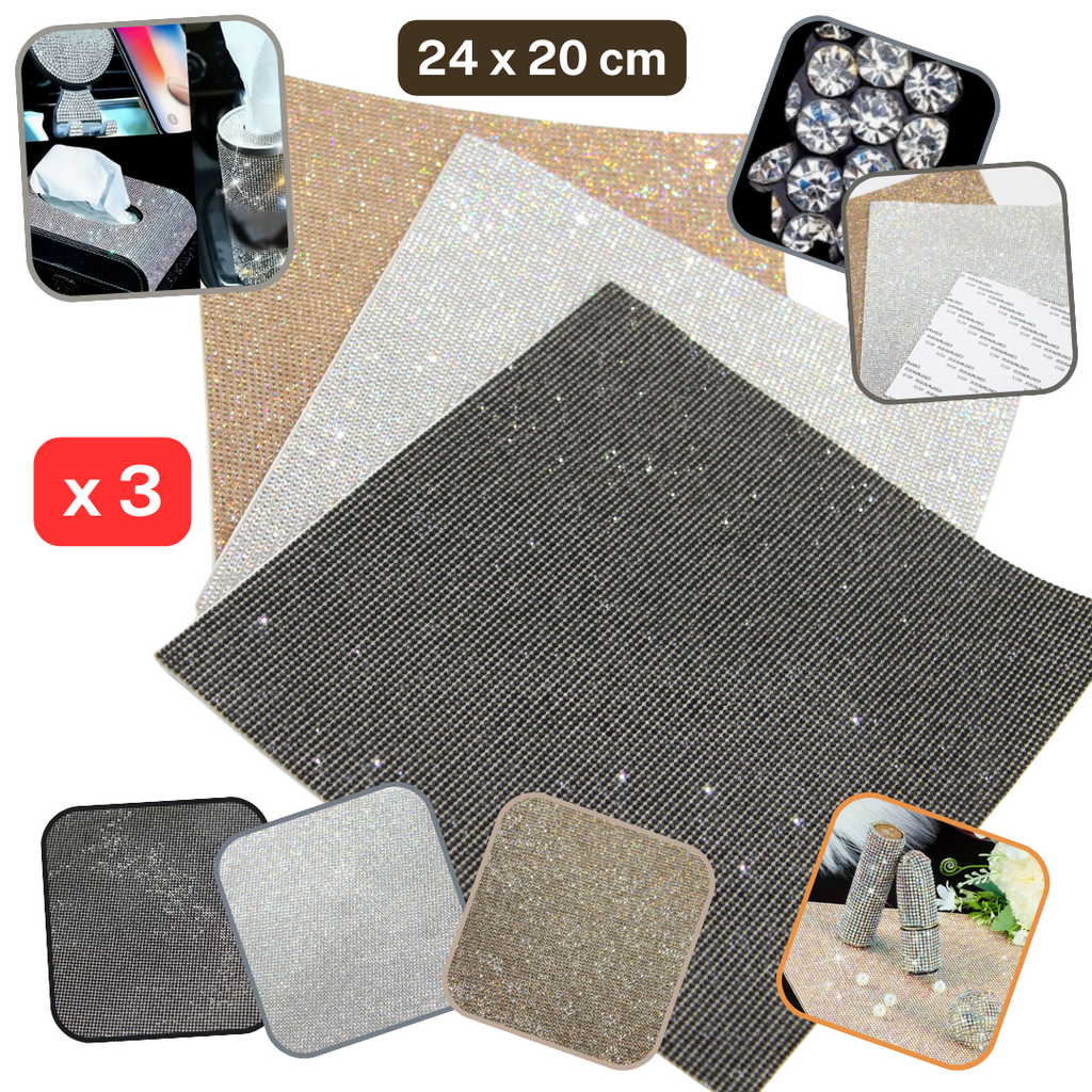 Set of 3 strass Sheets 24x20cm Self adhesive Gold / Silver / Black