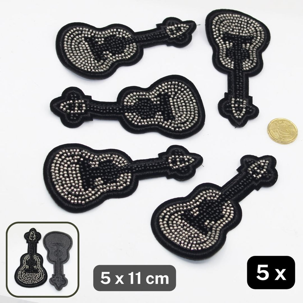 5 Patchs Guitare à Coudre 5*11cm avec Perles en Métal Argenté