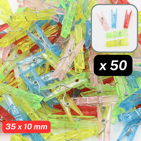 Set of 50 mini clothepins / clips - mixed random colors - Metallic (24x8mm) or Trasparent (35x10mm) - ACCESSOIRES LEDUC BV