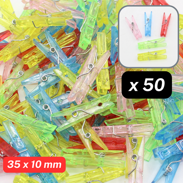 Set mit 50 Mini-Wäscheklammern/Clips – gemischte zufällige Farben – Metallic (24 x 8 mm) oder transparent (35 x 10 mm).