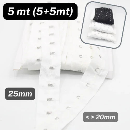 5 meters Cotton Hook and Eye Tape, 25mm wide, Space between each Hooks 20mm, available in Black, White or Offwhite #RUB1302 - ACCESSOIRES LEDUC BV