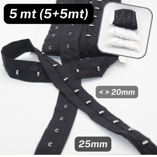 5 meters Cotton Hook and Eye Tape, 25mm wide, Space between each Hooks 20mm, available in Black, White or Offwhite #RUB1302