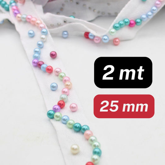 2 meters of 25mm Fancy Trimming with Colorful Pearls Design on Cotton Tape #PAS1266