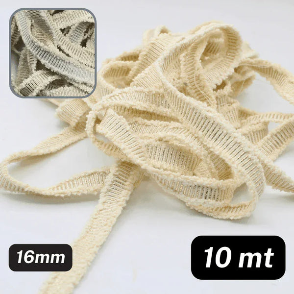 10 meters Cotton Tape 16mm with Vertical Lurex Stripes and Fringed Edges - ACCESSOIRES LEDUC BV
