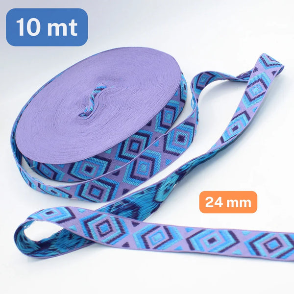 10 meters 24mm Polyester Ethnic Design Tape in Lilac Purple and Blue colour - ACCESSOIRES LEDUC BV