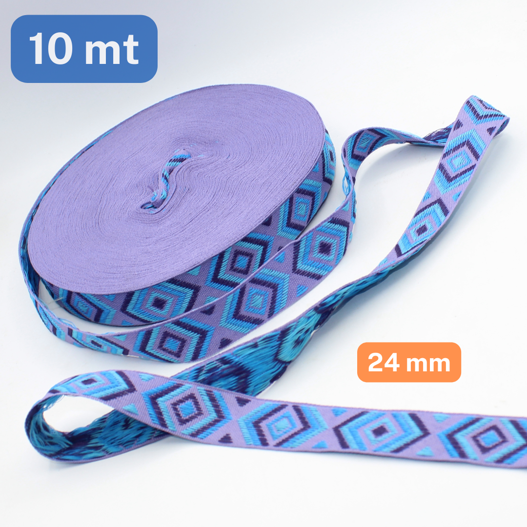 10 meters 24mm Polyester Ethnic Design Tape in Lilac Purple and Blue colour