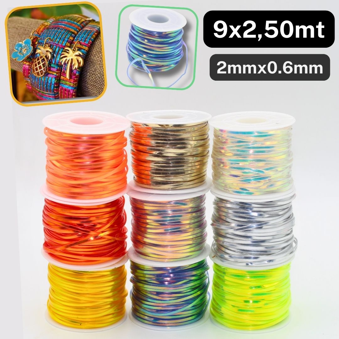 9*2.5mt Flat Plastic Cords 2mm x 0.6mm, Mettalic effect PVC for Jewelry Making or DIY - Scoubidou