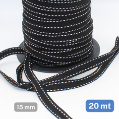 20 meters Black Herringbone 15mm Cotton Tape with White Saddle Stitch