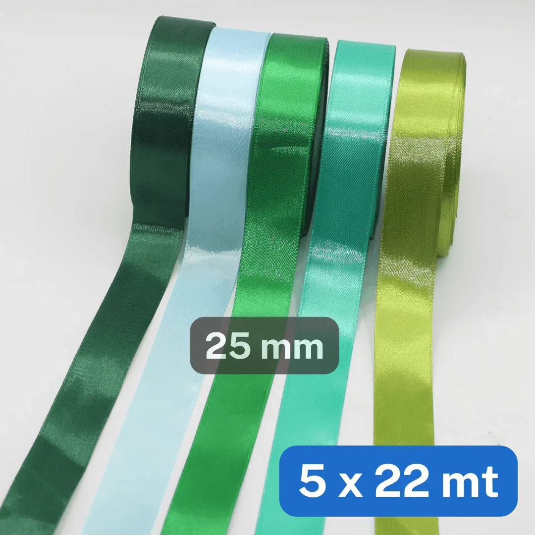 Set of 5x22 meters Single Sided Satin Tapes 6, 12, or 25mm, 5 different colours per set - ACCESSOIRES LEDUC BV