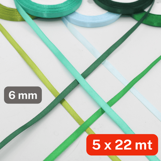Set of 5x22 meters Single Sided Satin Tapes 6, 12, or 25mm, 5 different colours per set - ACCESSOIRES LEDUC BV