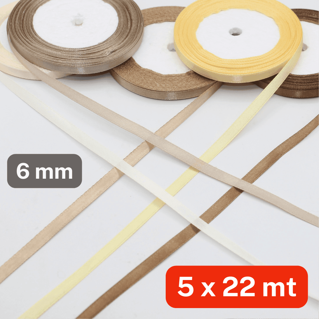 Set of 5x22 meters Single Sided Satin Tapes 6, 12, or 25mm, 5 different colours per set - ACCESSOIRES LEDUC BV