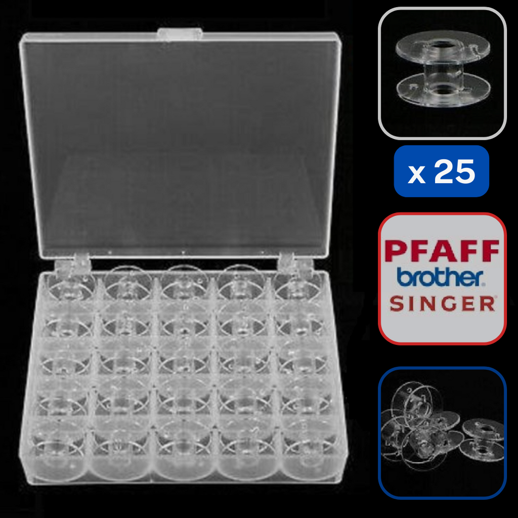 Caja de 25 bobinas transparentes para máquina de coser