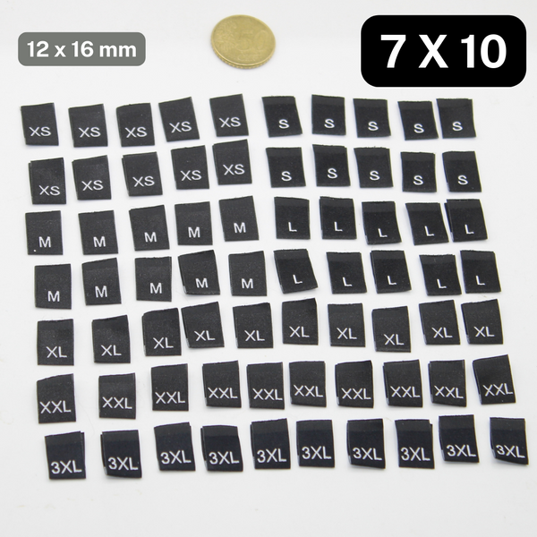 Set van 70 maatlabels gevouwen 12*16 mm, maat XS SML XL XXL 3XL, verkrijgbaar in zwart of wit